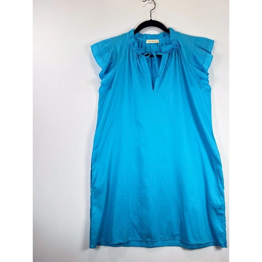 Stark X Mini Dress Blue Dreamy Tunic Flutter Sleeve Shift Split Neck Relaxed XS